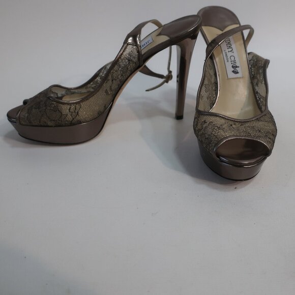 NWD Authentic Jimmy Choo Metallic Bronze Leather Lace Peep Toe Heels 38.5 US/8.5 - Picture 2 of 12